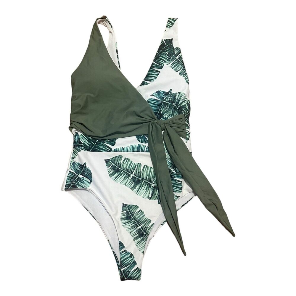 Tropical Green Palm Leaf Print One Piece Swimsuit S Wrap Tie V-Neck Resort Beach